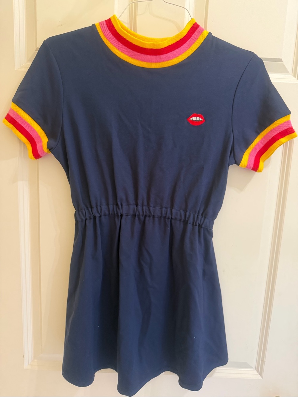 Valfre Navy Short-Sleeve Knit Dress with Pink, Red and Yellow Trim